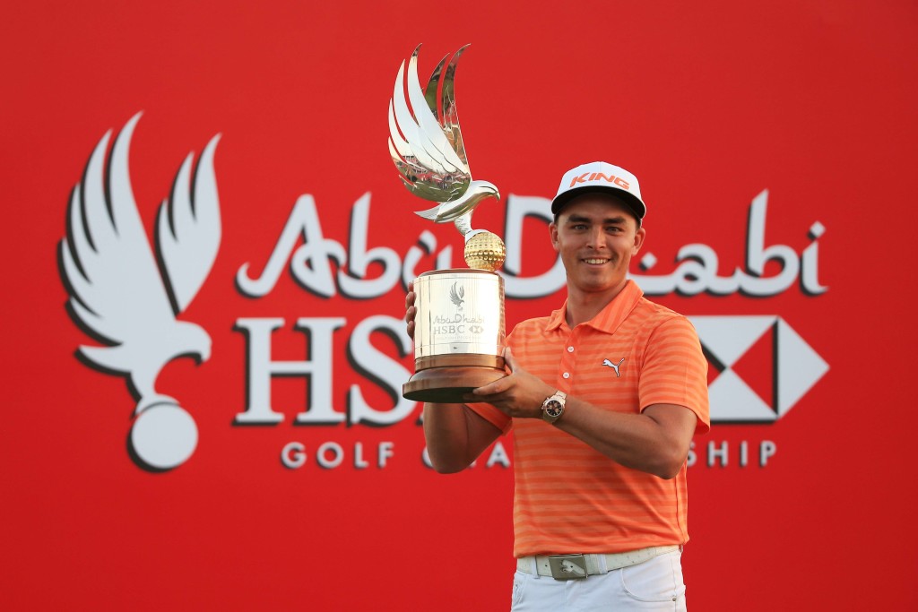 ABU DHABI, UNITED ARAB EMIRATES - JANUARY 24:  Rickie Fowler of the United States poses with the winners trophy after round four of the Abu Dhabi HSBC Golf Championship at the Abu Dhabi Golf Club on January 24, 2016 in Abu Dhabi, United Arab Emirates.  (Photo by Matthew Lewis/Getty Images)