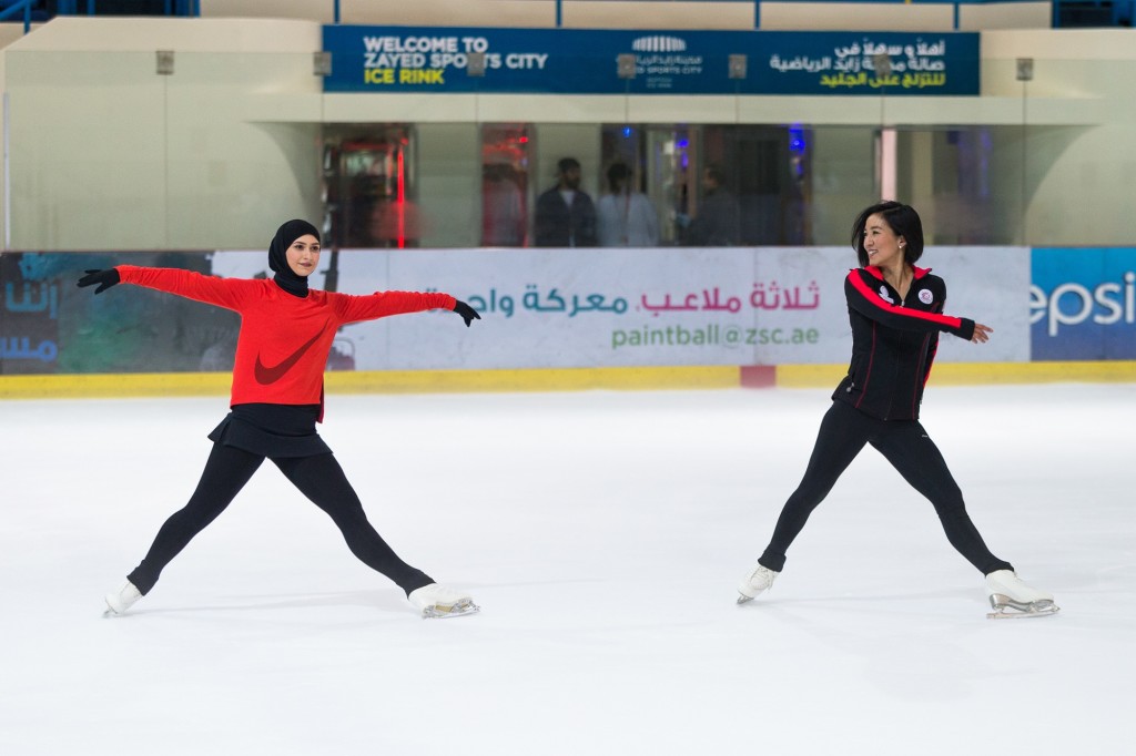 Michelle Kwan, two-time Olympic medallist, five-time World champion and nine-time U.S. champion, visited Zayed Sports City Ice Rink to skate with Emirati Olympic hopeful Zahra Lari