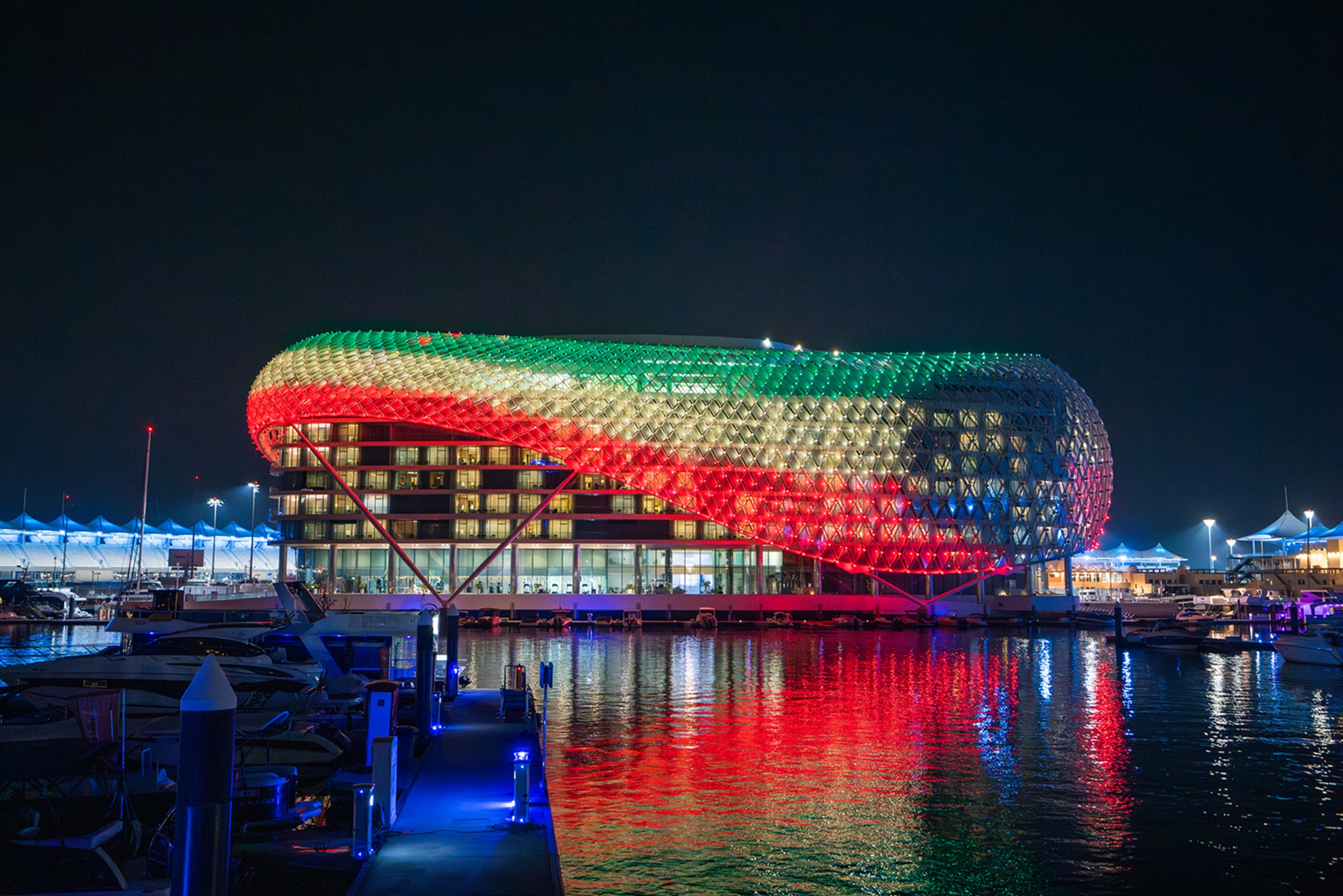Yas Island Lights Up In Kuwaiti Flag Colors To Celebrate UAE-Kuwait Unity Week